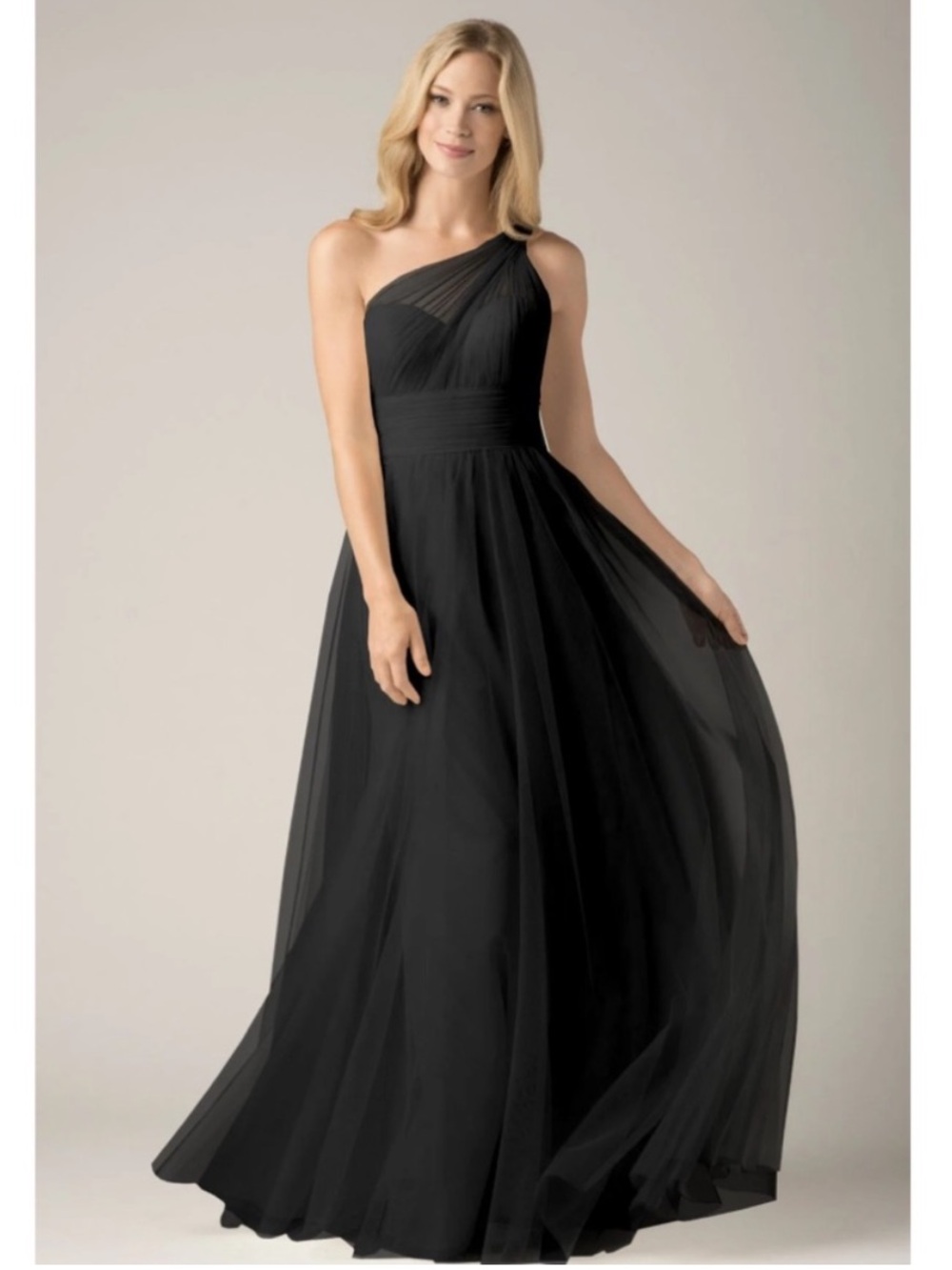 Wtoo Black One-Shoulder Chiffon Maxi Gown